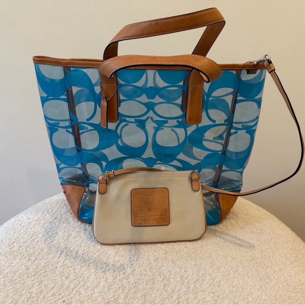 Coach Clear Signature PVC Tote with Blue Print and Tan Leather - Picture 6 of 7